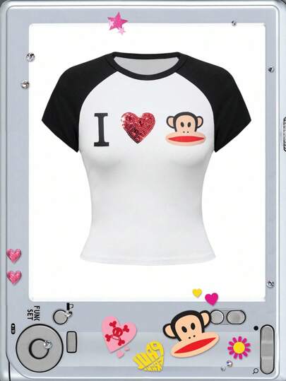 Paul Frank X ROMWE T-shirt court ajusté pour femmes avec manches raglan, motif de sous-culture, de bandes dessinées et de lettres