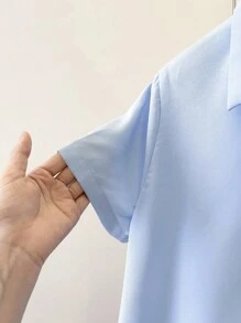 INAWLY Women's Solid Color Open Front Short Sleeve Casual Commuting Shirt, Summer - Baby Blue - View 8