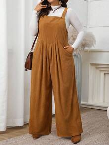 大码女式纯色口袋褶皱阔腿宽松休闲连体裤 - 棕色 - 查看 4