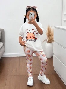 年轻女孩休闲针织圆领短袖上衣和裤子套装，卡其色小熊图案 - 卡其色 - 查看 3