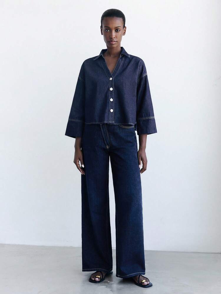 SHEIN Maija Women's Dark Blue Denim Top With Three-Quarter Sleeves And Loose Shirt, Vacation Style And Old Money Style Fall Women Clothes