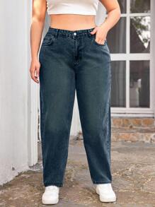SHEIN Cottnline Quần jean ống côn 100% cotton cỡ lớn - Màu xanh ngọc - Xem 4
