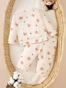 SHEIN 2件套新生儿可爱小熊图案上衣和裤子，婴儿男女通用春秋冬季套装 - 彩色 - 查看 2