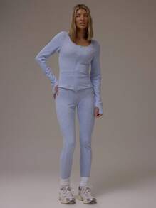 MUSERA 罗纹针织双拉链圆领长袖上衣，缝线细节设计，休闲、机场、居家、返校、冬季居家穿着皆宜 - 藍色 - 查看 5