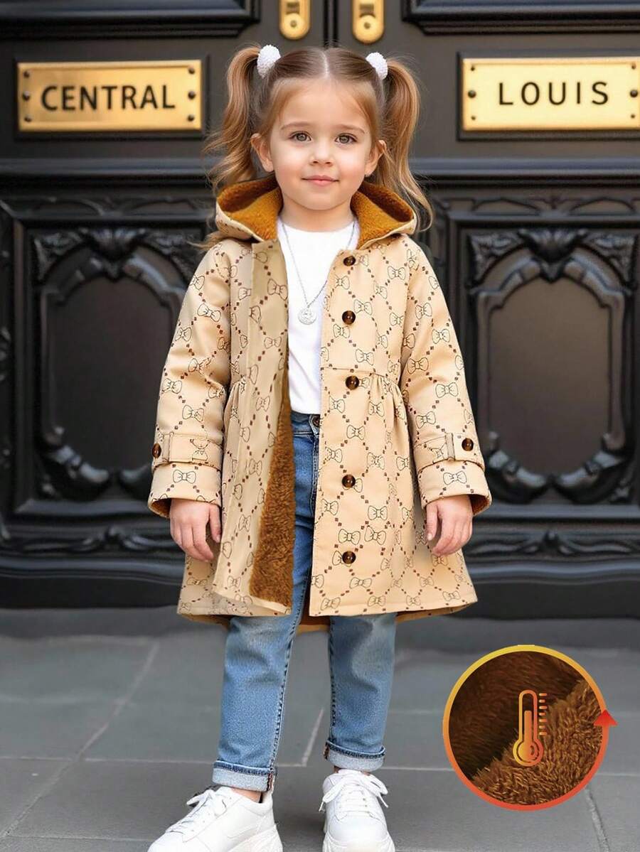 Elladie kids Young Girl Khaki Bow Print Thermal Lined Hooded Double-Breasted Fashion Coat, Suitable For Casual Daily Wear Fall Winter - Multicolor - View 1