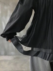 FRIFUL Women's Loose Fit Round Neck Long Sleeve Black Solid Color Sheer Mesh Patchwork Back Casual T-Shirt, Versatile For Autumn