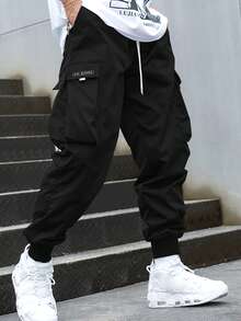 SHEIN Teen Boy Casual Printed Workwear Style Pants With 3d Pockets, School, Campus, College Chic Outfits For Autumn/Winter - Black - View 8