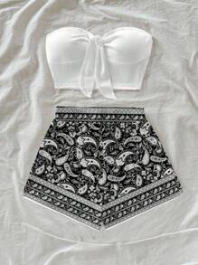 Soleia 2 件套女士休闲度假风格佩斯利波西米亚图案蓝色几何复古印花套装，春假氛围，波西米亚风