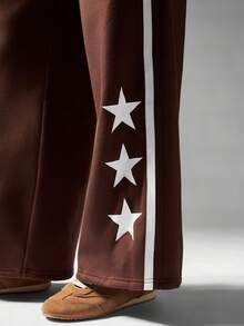 MISSGUIDED Wide Leg Star Print Jogger Pants Elastic Waist Drawstring Casual Bottoms High Rise Streetwear Side Stripe Varsity Design Fall Winter Loungewear Retro Style
