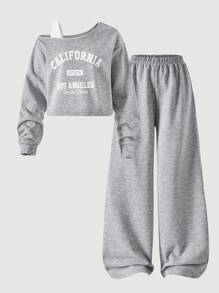 SHEIN Streecool Kids 2pcs Tween Girls ME Loose Design Oblique Shoulder Contrast Color Print Long Sleeve Top And Wide Leg Pants Set, Suitable For Daily, Commute, Casual, Vacation, Gathering, Street Style, Autumn/Winter Fall - Grey - View 3