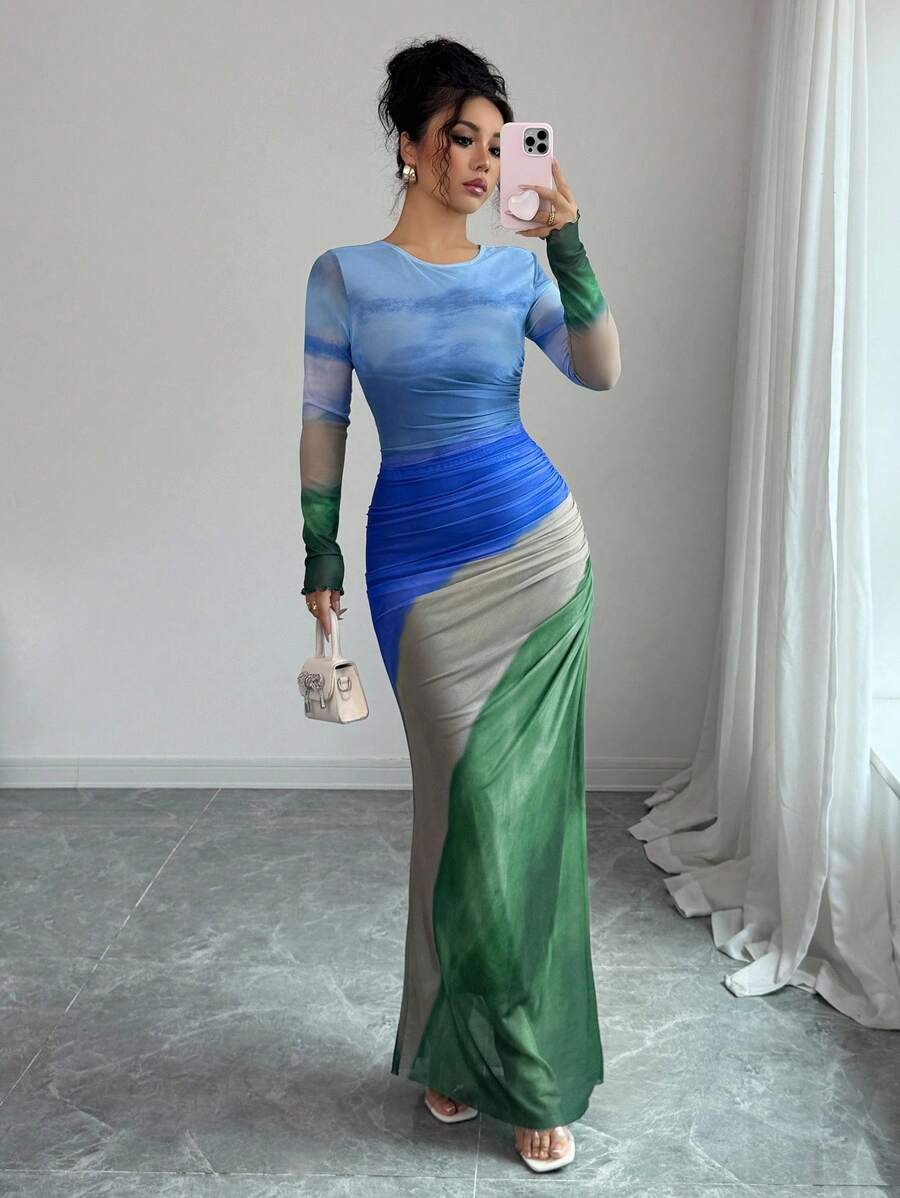 Rafferiza Women Ombre Print Crew Neck Long Sleeve Dress Maxi Women Outfit Casual Outfits Spring Fall Cloth For Women - Baby Blue - View 1