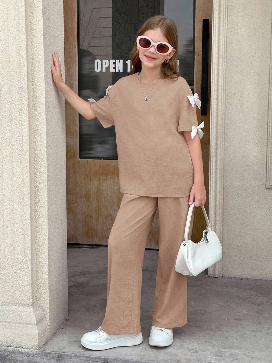 SHEIN Nova Glow Tween Girls Solid Color Round Neck Bow Loose T-Shirt & Baggy Long Pants 2 Pieces Casual Set