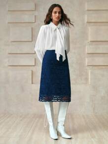 Arave 女士高端优雅法式蕾丝裙，适合通勤，春夏季 - 藏蓝色 - 查看 2