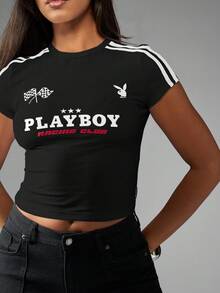 Missguided x Playboy 棉质赛车俱乐部风格婴儿 T 恤图案短款上衣侧条纹细节休闲短袖时尚圆领 Y2K 风格赛车旗标志夏秋节日上衣赛车 - 黑色 - 查看 3
