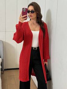 Easowa Red Casual Solid Color Mid-Length Cardigan, Autumn/Winter Red Cardigan Women Long Red Cardigan Red Cable Knit Cardigan Women Red Sweater Long Sweaters For Women Red Knit Cardigan Christmas Sweater Women's Winter Sweater Women's Winter National Day New Year Women's