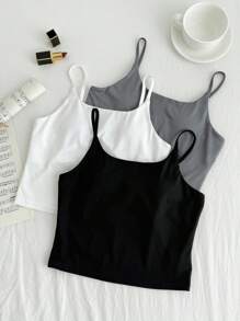 SHEIN Girlism Bộ 3 áo ba lỗ bó sát dành cho bé gái tuổi teen, màu đen/trắng/xám, áo ba lỗ thông thường đa năng, phù hợp với mọi mùa - Nhiều màu - Xem 4