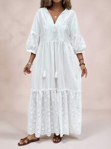 Freevana Robe de vacances grande taille femme avec encolure en V, cordons à franges et texturée à ligne A, robe longue blanche, tenue d'invité pour mariage, robe bohème romantique pour la plage, robe de remise des diplômes pour femme, robe d'invitée de mariage, vêtements d'été boho pour femme, tenues de brunch pour femme, tenues d'aéroport pour femme, tenues de vacances à la plage, tenues de city break, tenues de vacances, robes blanches pour femme, mini-robes pour femme, robes occidentales pour femme, robes pour femme, robes de fête pour femme, robe de Pâques blanche élégante pour femme