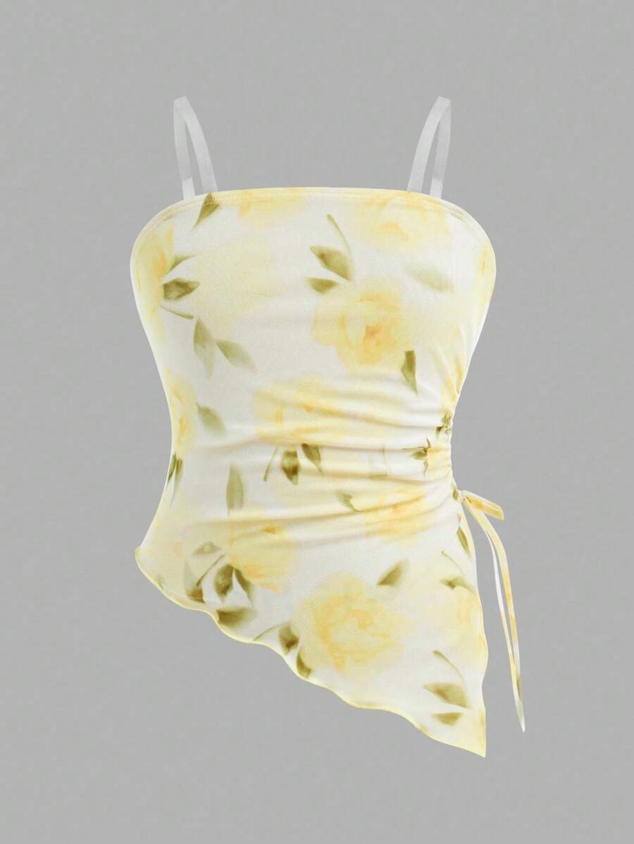 Tween Girls' Summer Casual Fashionable Fitted Asymmetrical Hem Transparent Strap Tube Top - Mustard Yellow - View 1