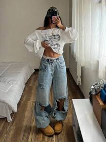 StreetHx 女式斜肩薄款运动衫，长袖，唇印，朋克与亚文化设计，白色 - 白色 - 查看 4