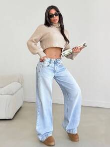 EURMUSE 休闲低腰阔腿淡蓝色 90 年代牛仔裤 - 中等水洗藍 - 查看 5