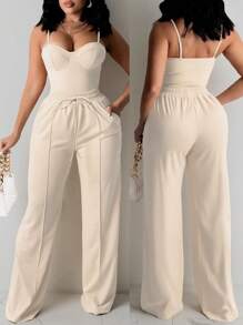 INAWLY Bộ 2 áo hai dây ôm sát gợi cảm cỡ lớn dành cho nữ và quần ống đứng, giản dị và thanh lịch - Màu be - Xem 1