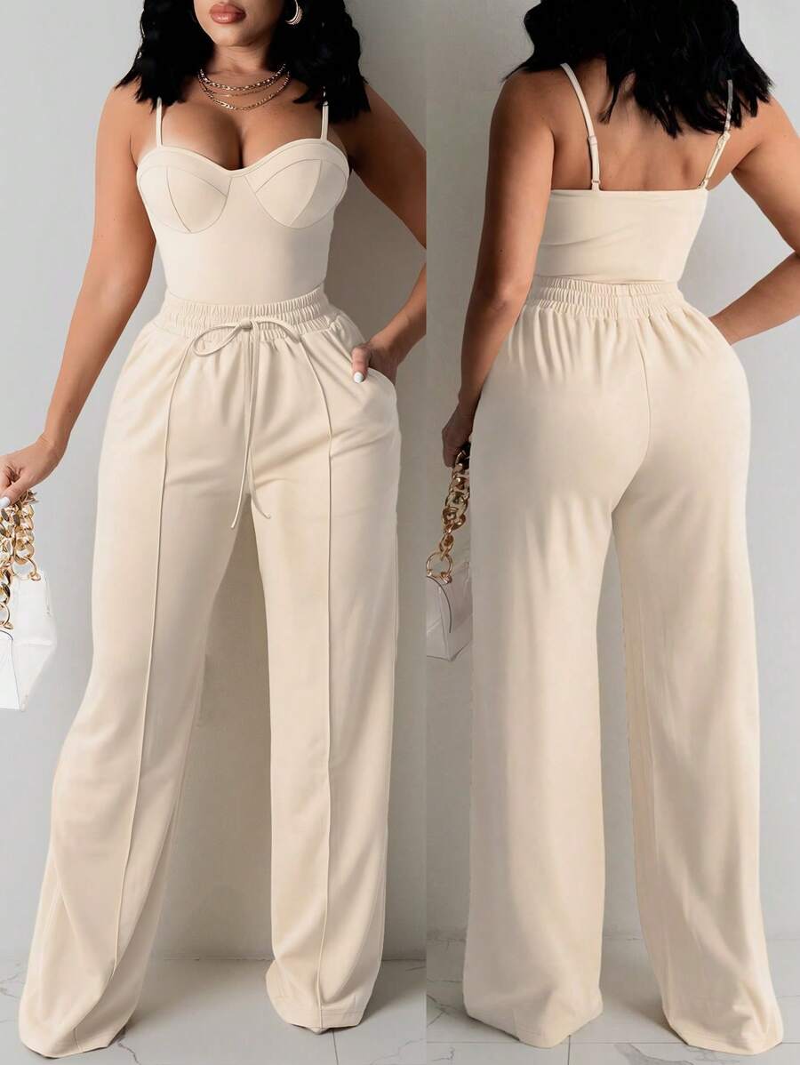 INAWLY Bộ 2 áo hai dây ôm sát gợi cảm cỡ lớn dành cho nữ và quần ống đứng, giản dị và thanh lịch - Màu be - Xem 1