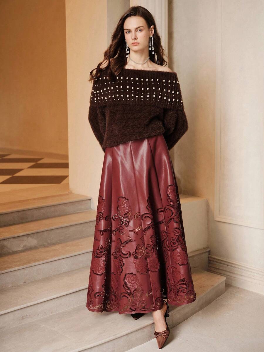 SHEIN Unity 1件优雅露肩仿皮毛毛衣夹克 - 咖啡棕 - 查看 1