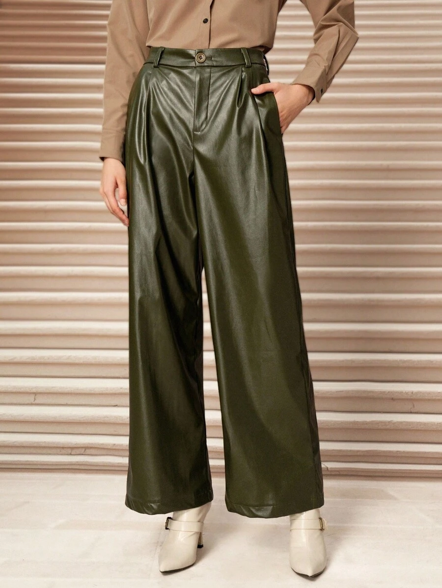 SHEIN Unity Fall Women Clothes,Ladies' PU Leather Straight-Cut Wide-Leg Pants