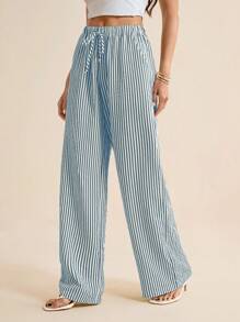 SHEIN Tall 女休闲条纹宽松阔腿抽绳裤蓝色直筒裤女阔腿裤条纹阔腿裤夏季阔腿裤女条纹裤女夏季裤女夏季裤蓝白条纹裤夏季条纹裤女阔腿裤