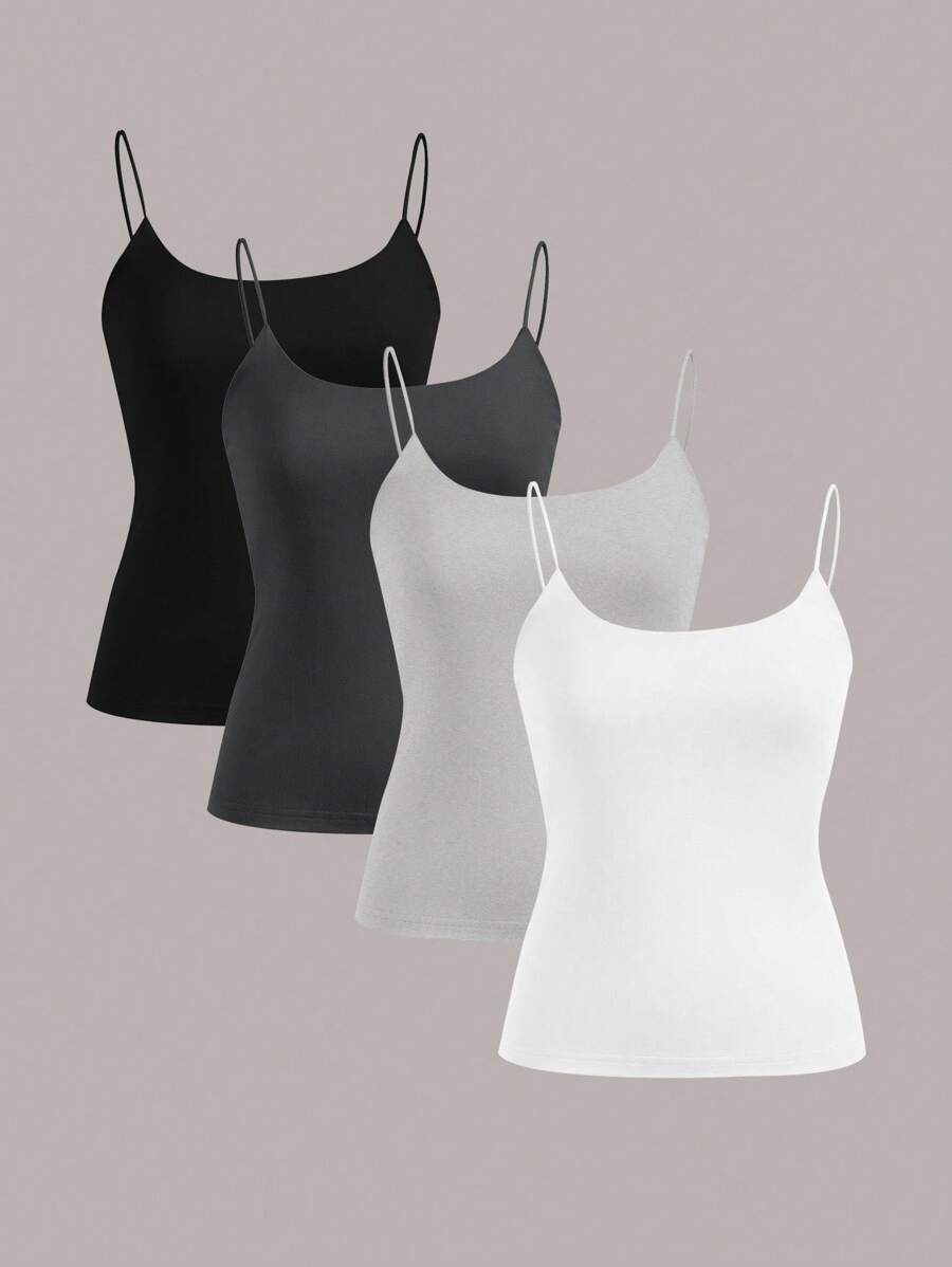 SHEIN EZwear 4 件套休闲纯色黑色、炭灰色、浅灰色、白色基本款吊带背心，适合春夏季 - 彩色 - 查看 1