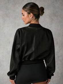 SHEIN BAE Women's Spring And Autumn Solid Color Long Sleeve Casual Baseball Jacket - Olive Green - View 4