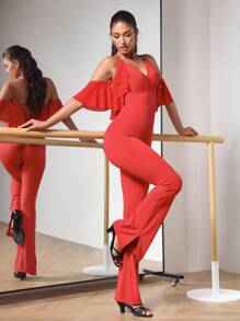 Menodora SHEIN Sport Bộ đồ liền thân khiêu vũ hở vai xếp nếp màu trơn - Đỏ - Xem 3