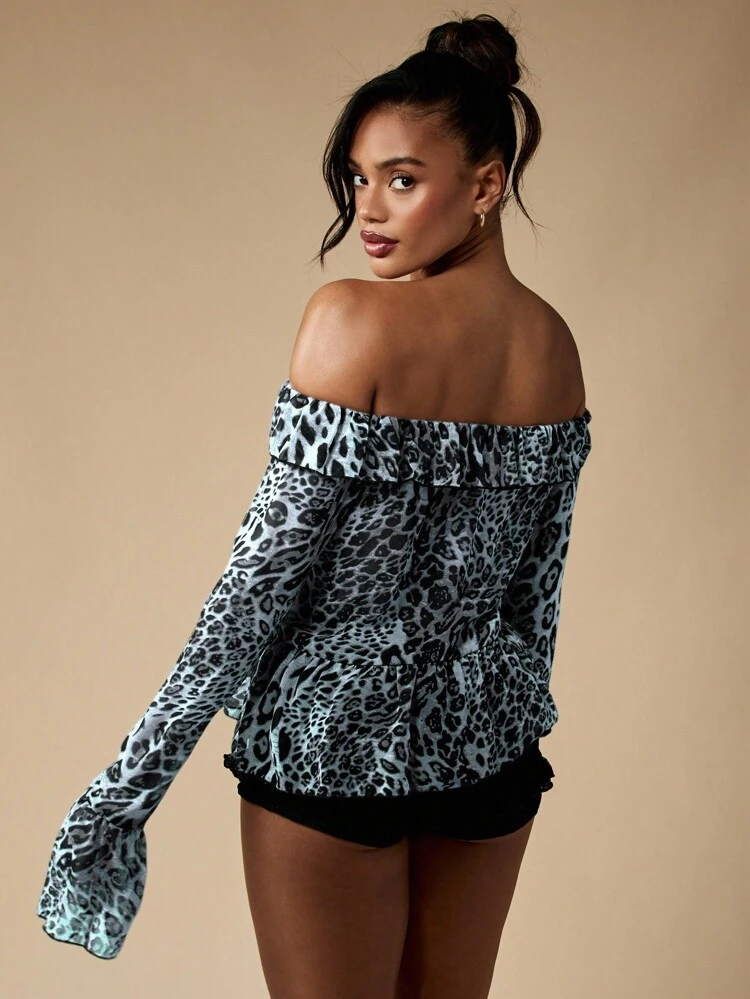 MISSGUIDED Chiffon Off Shoulder Bardot Blouse Long Balloon Sleeve Ruched Front Animal Print Occasion Evening Party Casual Crop Top Winter Spring Fall