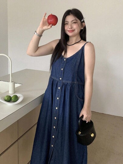 Dazy Plus Dark Wash Blue A-Line Denim Pinafore Dress, All Season