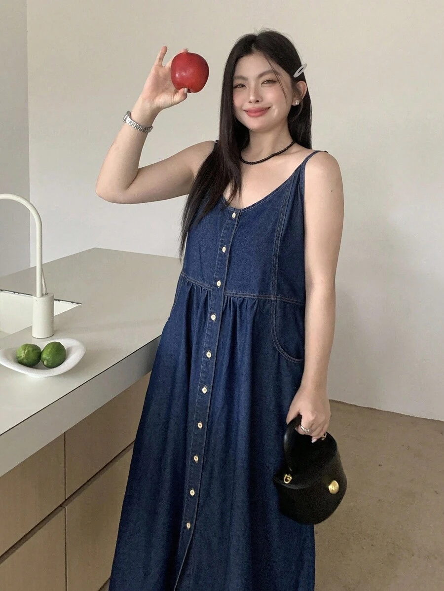Dazy Plus Dark Wash Blue A-Line Denim Pinafore Dress, All Season - Dark Wash - View 1