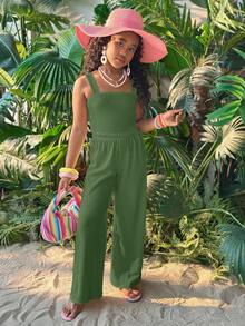 SHEIN Tween Girl 纯色短款吊带背心和阔腿裤两件套 - 橄欖綠 - 查看 4