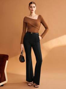 BizChic 女士棕色弹力折叠不对称领 T 恤，适合外出、办公室、商务休闲装，秋季基本款上衣