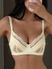DAZY Bra Lingerie Wanita dengan Tali Bahu Tipis yang Dapat Diatur dan Sedikit Berkerut, Motif Renda dan Patchwork. - Sampanye - View 5