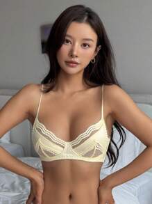 DAZY Bra Lingerie Wanita dengan Tali Bahu Tipis yang Dapat Diatur dan Sedikit Berkerut, Motif Renda dan Patchwork. - Sampanye - View 7