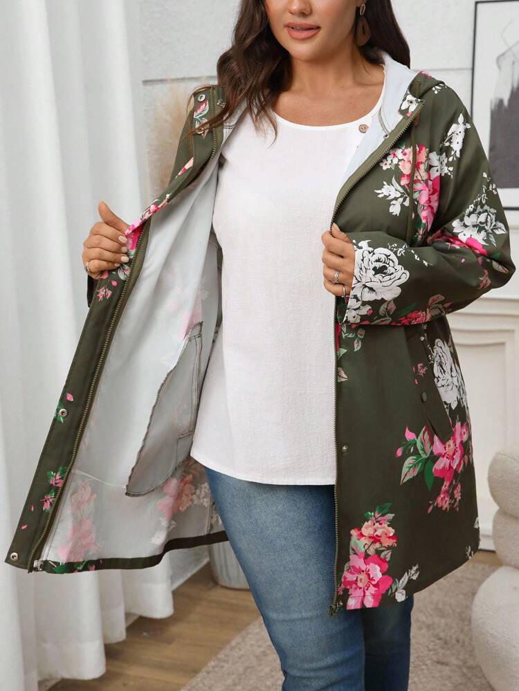 Plus Size Women Home And Leisure Floral Print Long Sleeve Pockets Casual Loose Hooded Trench Coat Fall Dresses For Women Winter Clothes Bohemian Autumn