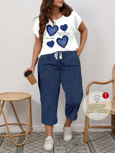 EMERY ROSE 2 piezas Conjunto minimalista casual con estampado de corazón náutico azul, talla grande, adecuado para vacaciones de verano, 2 piezas de conjunto de verano para mujeres