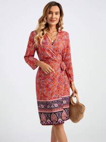 SHEIN LUNE Women's Lace-Up Long Sleeve Floral Patchwork Casual Midi Dress Summer Outfits For Women - Multicolor - View 5