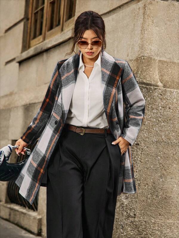 Easura Abrigo informal casual con solapa a cuadros y manga larga para mujer de talla grande, otoño/invierno