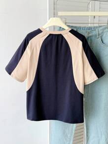 SHEIN Tricou Tween pentru fete, cu mânecă raglan în contrast, model Campus, supradimensionat, cu imprimeu personalizat și mânecă medie - Albastru marin - Vizualizare 2