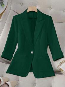Chiquease Spring & Summer Casual Commuter Solid Color Lapel Neck Raglan Sleeve Fashion Blazer - Dark Green - View 4