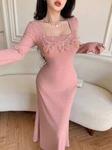 Modelyn Elegant Solid Color Butterfly Decor Fishtail Dress Fall Cloth For Women - Dusty Pink - View 3