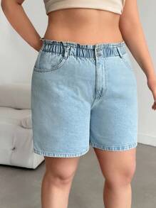SHEIN Cottnline شورت جينز صيفي بمقاس كبير مع خصر كيس ورقي وجيوب مائلة - أزرق فاتح - مشاهدة 7