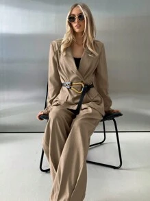 Aloruh Women's Elegant Khaki Summer Business Casual Office Suit Set,Long-Sleeved Jacket,High Waist Wide-Leg Pants,Simple Basic Commuting 2pce Autumn/Winter - Khaki - View 2