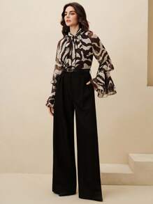 Anewsta Blusa elegante de cuello redondo con mangas de campana raglán, tirantes finos y estampado semitransparente - Marrón - Ver 3