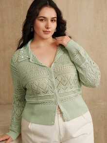 Anewsta Cardigan feminino plus size elegante com contas vazadas e ajustado, outono/inverno - Verde - Ver 3